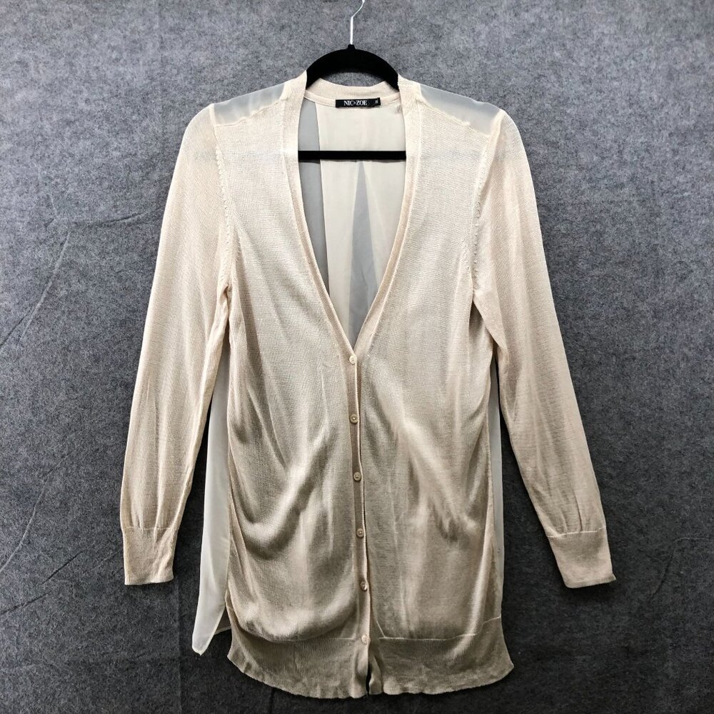 Nic+Zoe Mixed Media Cardigan Womens M Cream Button Front Chiffon Lightweight
